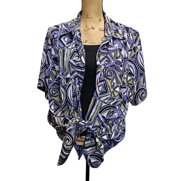 Maggie Barnes Purple Chartreuse Abstract Short Sleeve Button Down Top 20W - Picture 5 of 14